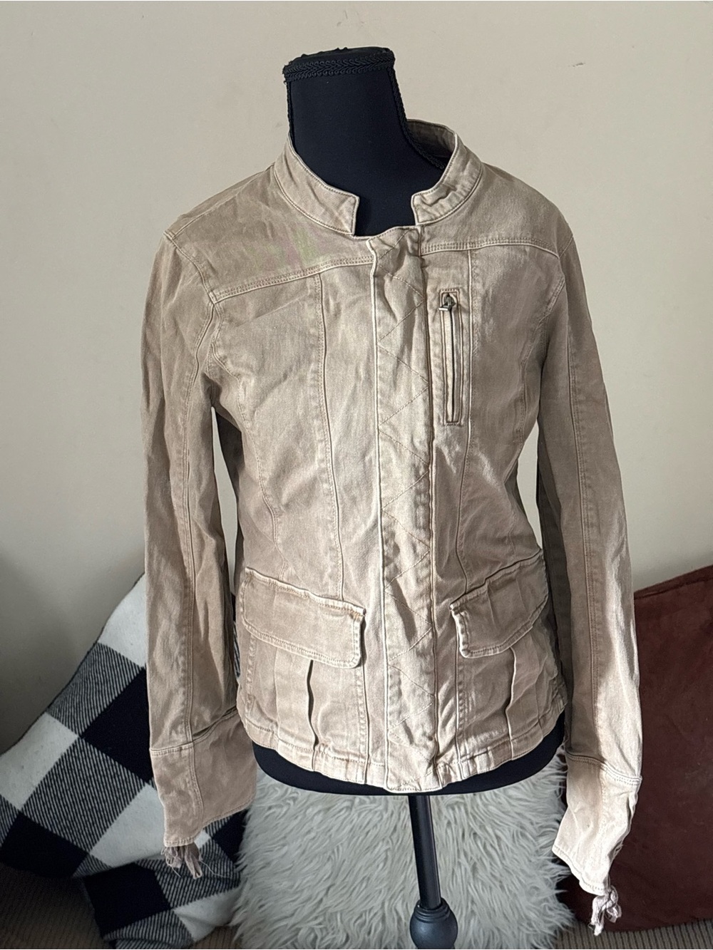 BKE Beige Utility Jacket with Mandarin Collar Lace Up Sleeves